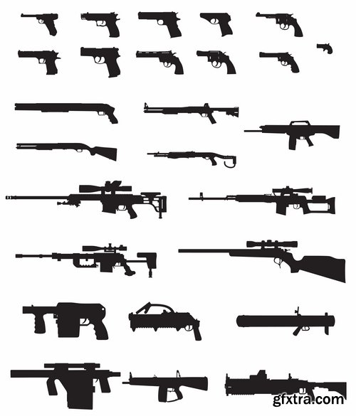 Collection picture vector icon silhouette different weapons 25 EPS