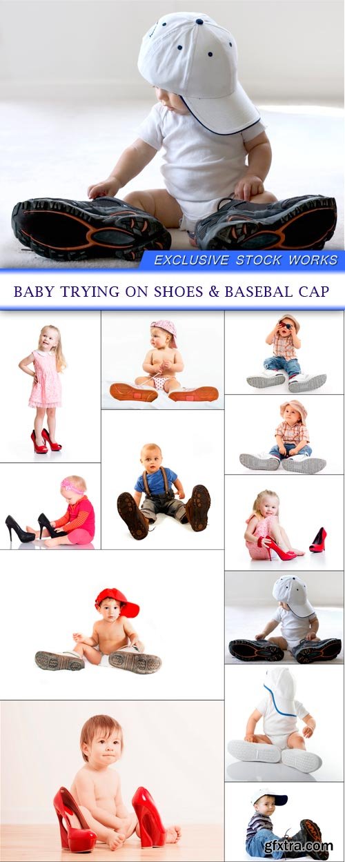 Baby trying on shoes & basebal cap 12X JPEG