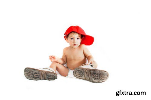 Baby trying on shoes & basebal cap 12X JPEG