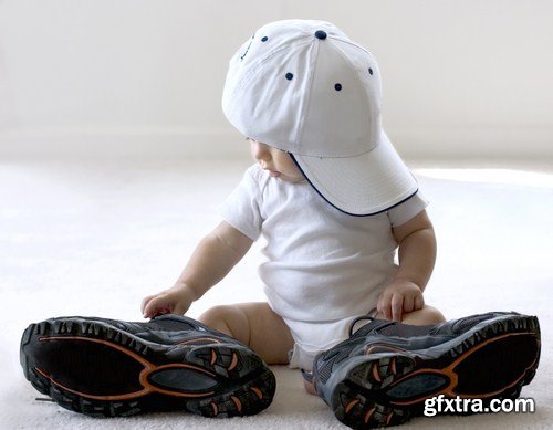 Baby trying on shoes & basebal cap 12X JPEG