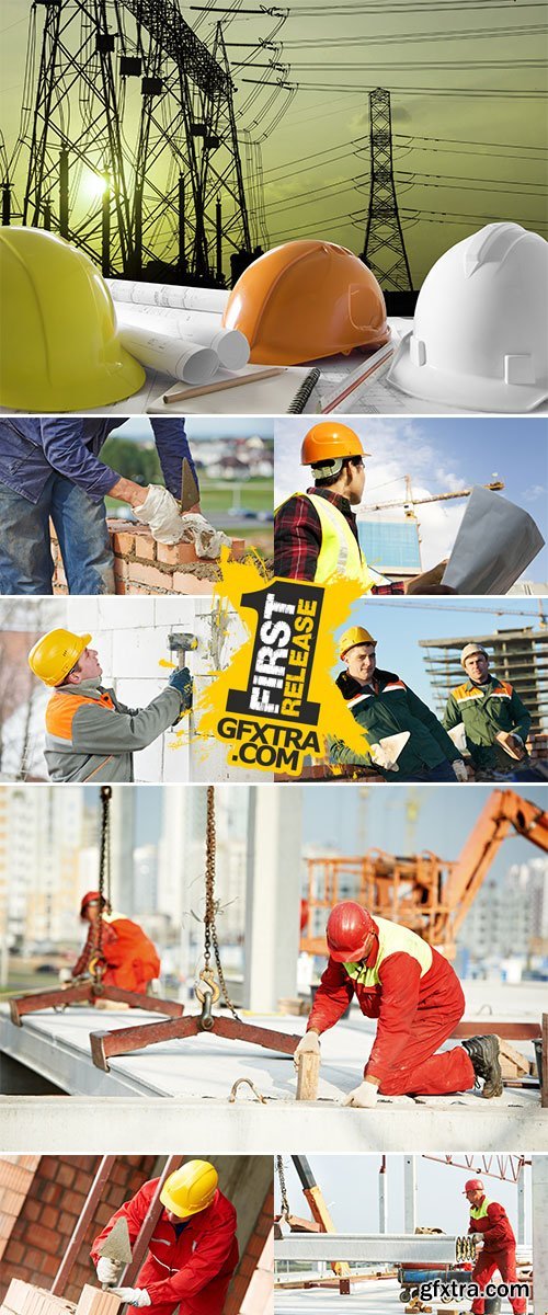 Stock Photo Construction mason worker bricklayer making a brickwork with trowel and cement mortar