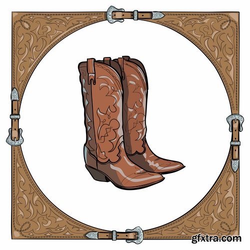 Collection of vector image cowboy herder boots saddle stirrups icon illustration west 25 EPS