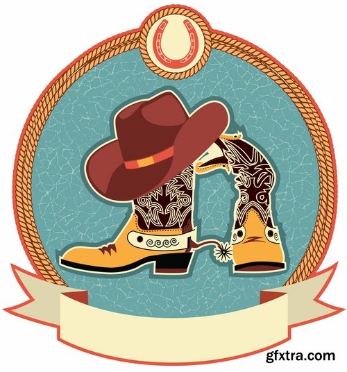 Collection of vector image cowboy herder boots saddle stirrups icon illustration west 25 EPS