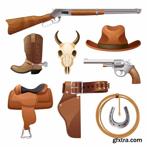 Collection of vector image cowboy herder boots saddle stirrups icon illustration west 25 EPS