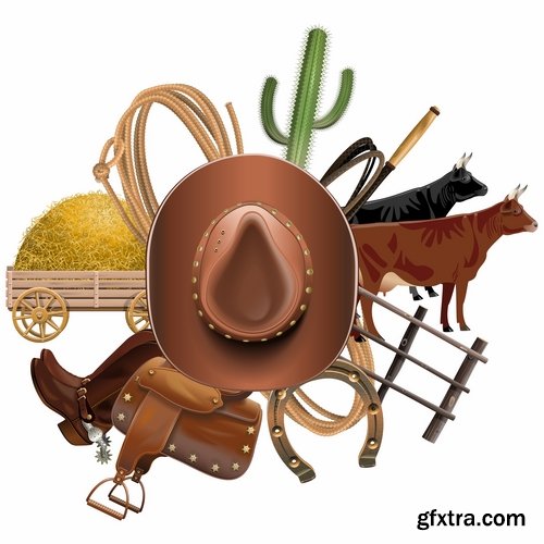 Collection of vector image cowboy herder boots saddle stirrups icon illustration west 25 EPS