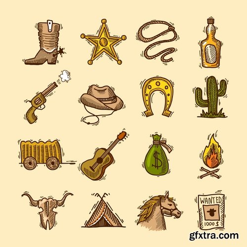 Collection of vector image cowboy herder boots saddle stirrups icon illustration west 25 EPS