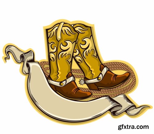 Collection of vector image cowboy herder boots saddle stirrups icon illustration west 25 EPS