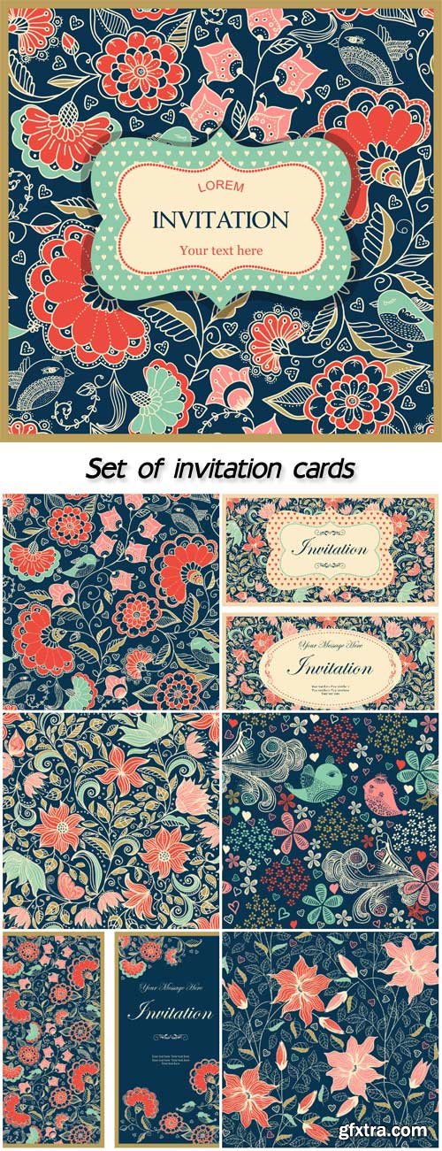 Set of invitation cards with colorful floral pattern in folk style