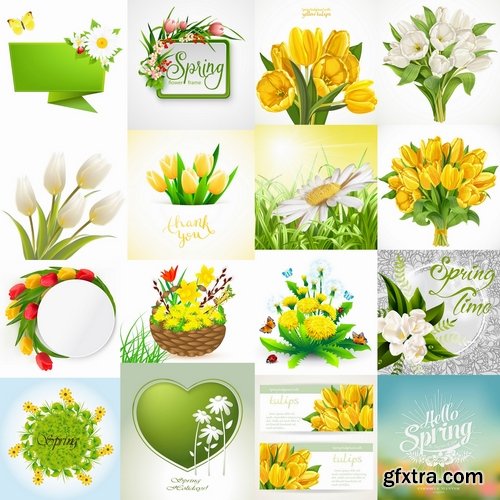 Collection of vector illustration picture Spring flower grass flyer card 25 EPS