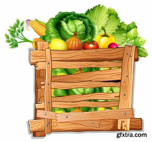 Collection vector picture fresh vegetable fruit basket with food 25 EPS