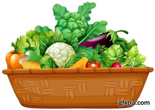 Collection vector picture fresh vegetable fruit basket with food 25 EPS