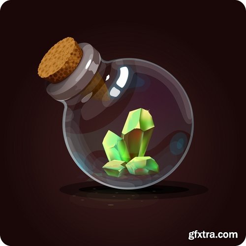 Collection of vector image glass bottle with various objects design element games 25 EPS