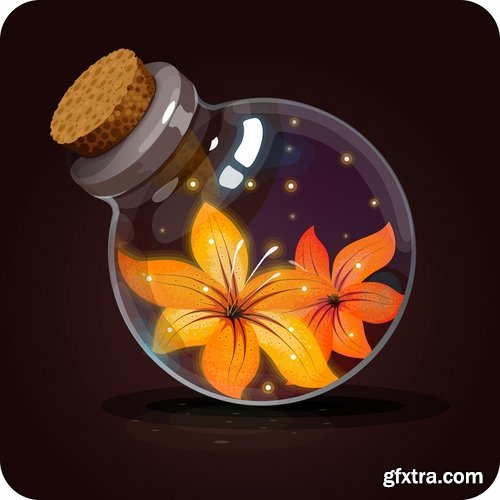 Collection of vector image glass bottle with various objects design element games 25 EPS