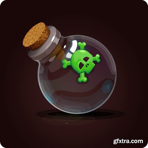 Collection of vector image glass bottle with various objects design element games 25 EPS