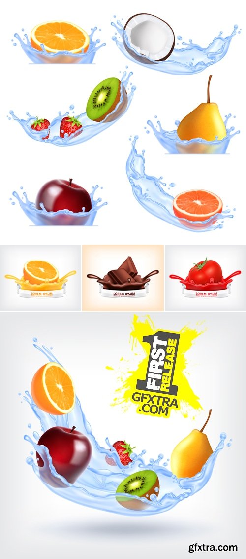 Fruits in Water Splashes Vector