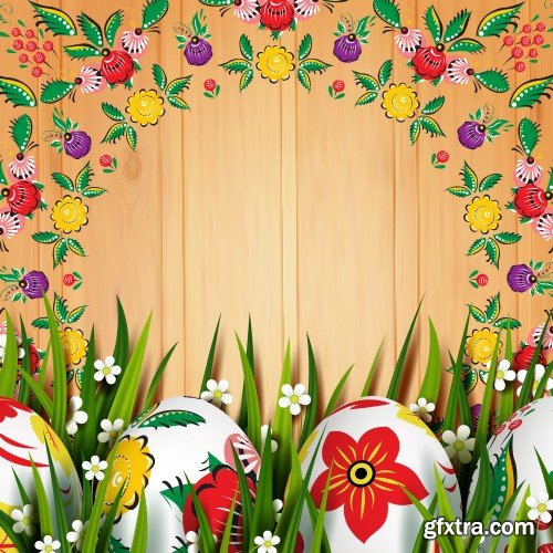 Easter card, template with easter eggs and flowers, folk paints