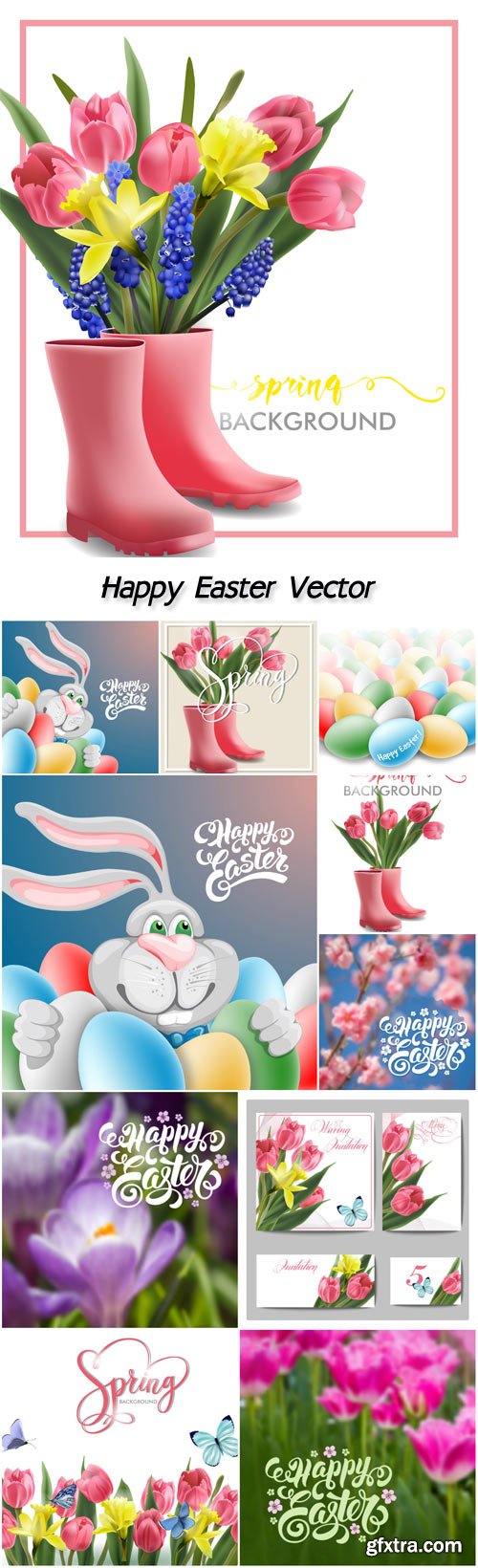 Happy Easter, spring background, flowers, pink tulips, butterflies