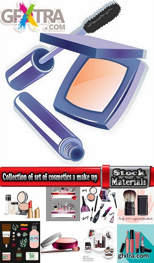 Collection of set of cosmetics a make up powder brush lipstick shade for the face 25 EPS