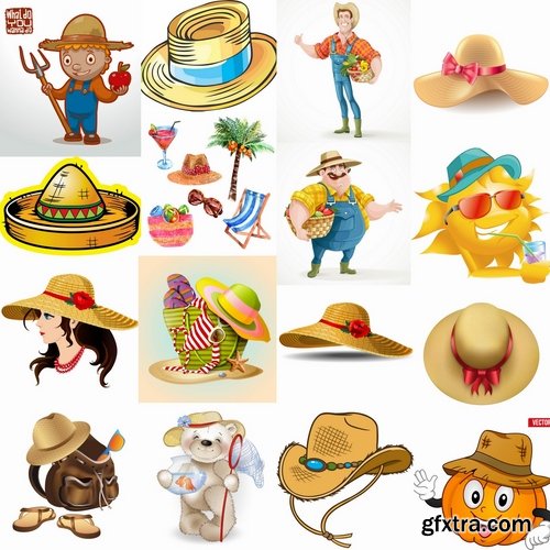 Collection of straw hat headgear vector image 25 EPS