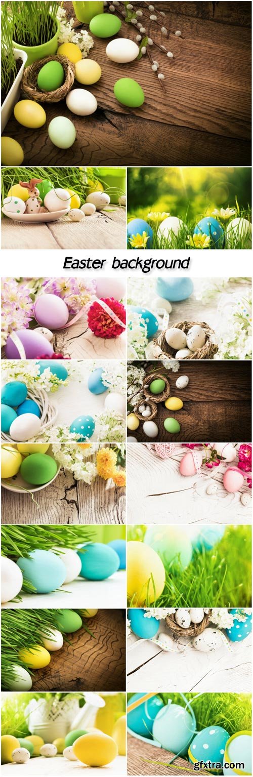 Easter background with Easter eggs and spring flowers