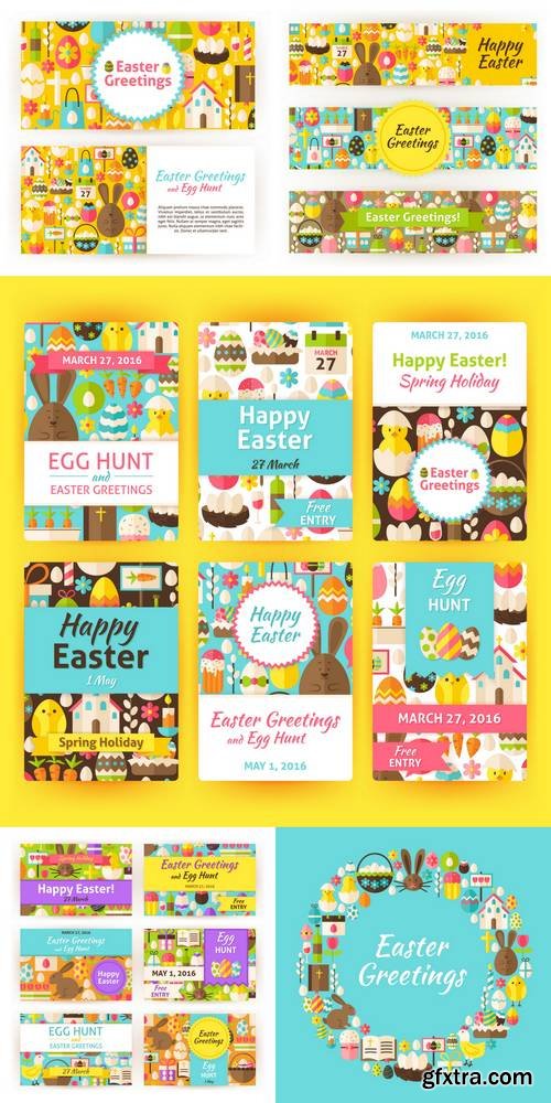 Happy Easter Flat Style Vector Templates Set