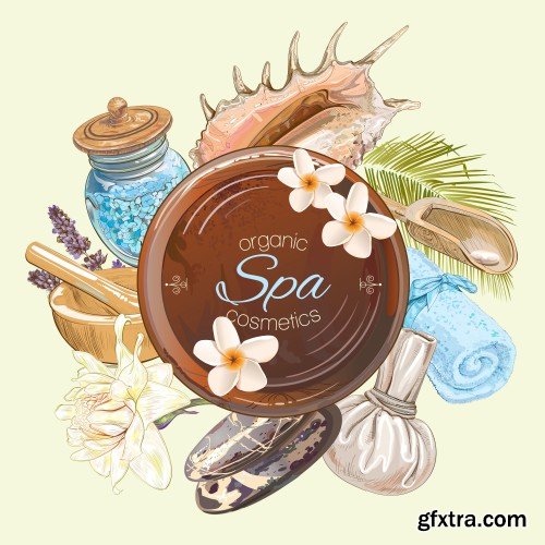 Spa treatment colorful frame with pink lotus,shells, frangipani and stones