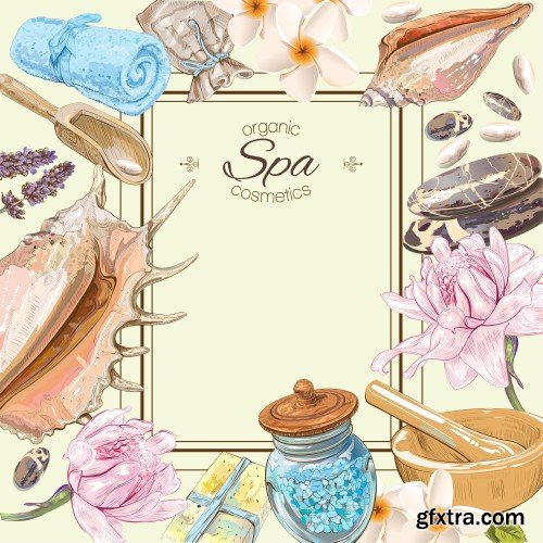 Spa treatment colorful frame with pink lotus,shells, frangipani and stones