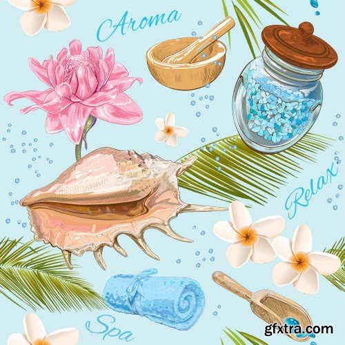 Spa treatment colorful frame with pink lotus,shells, frangipani and stones