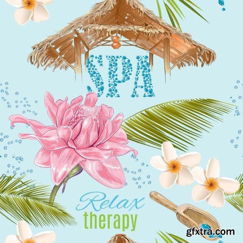 Spa treatment colorful frame with pink lotus,shells, frangipani and stones