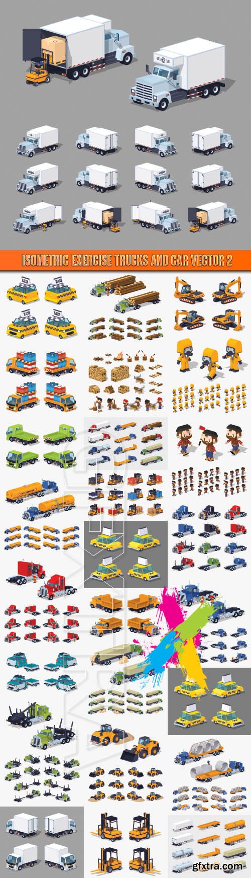 Isometric exercise trucks and car vector 2