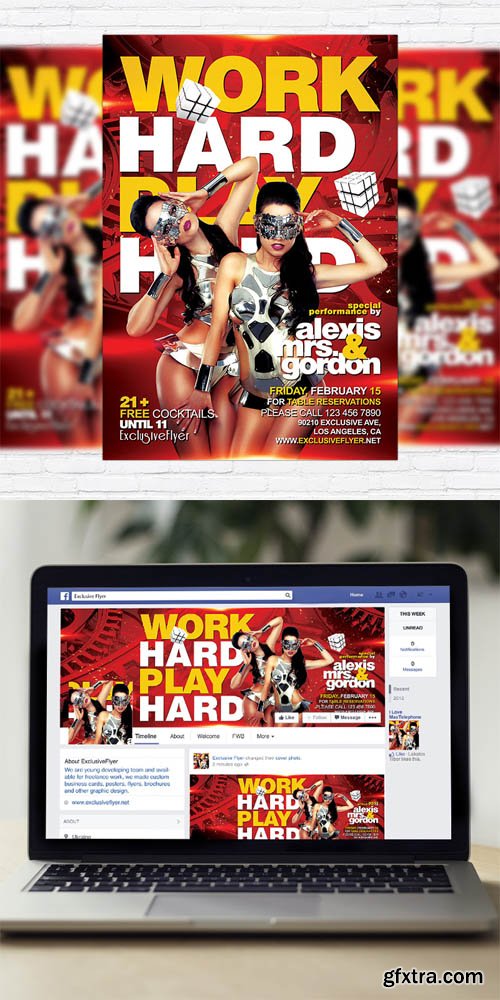 Work Hard Play Hard - Flyer Template + Facebook Cover