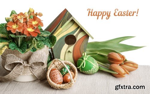 Easter background with chicks, flowers and Easter eggs