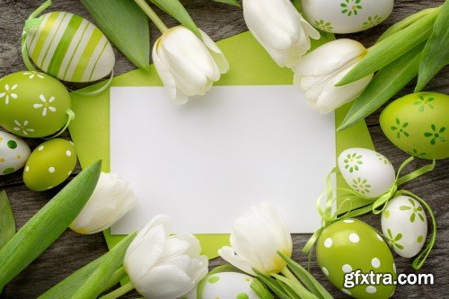 Easter background with chicks, flowers and Easter eggs