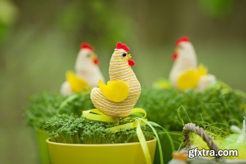 Easter background with chicks, flowers and Easter eggs