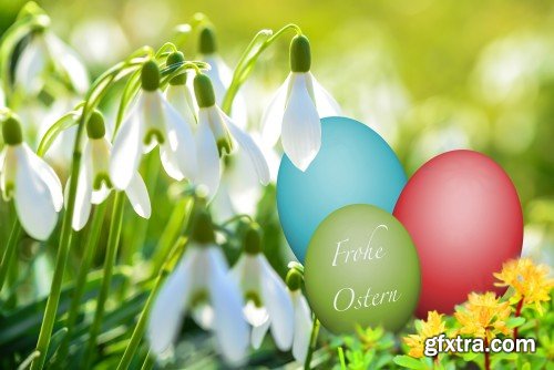 Easter background with chicks, flowers and Easter eggs