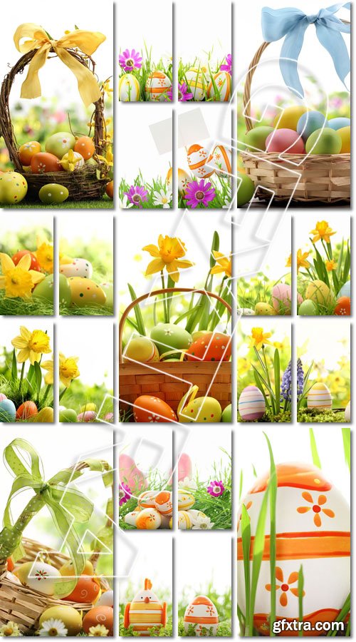 Easter Decoration. Basket of easter eggs on meadow - Stock photo