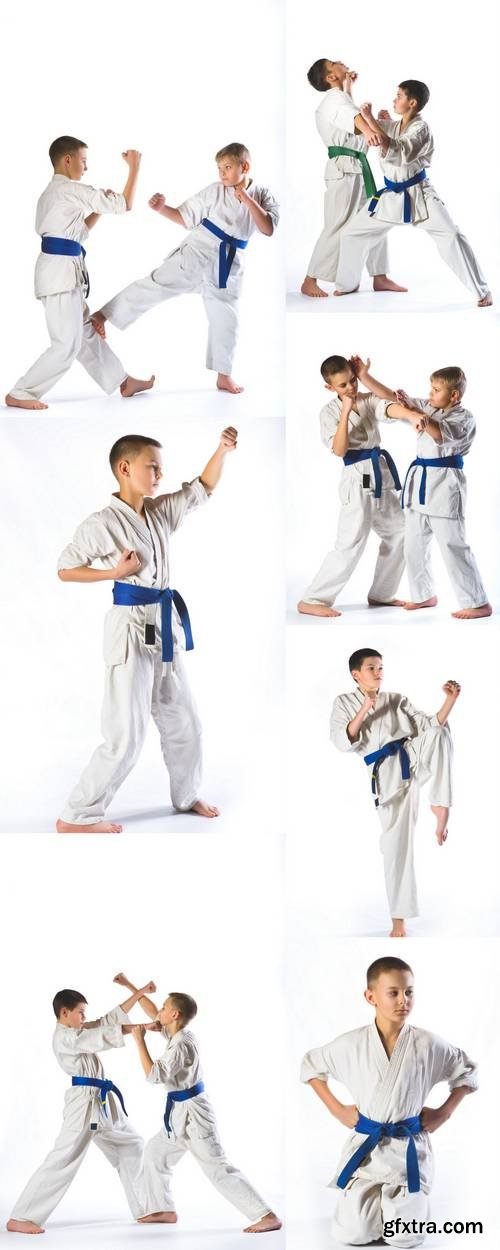 Karate Boy in Kimono on a White Background