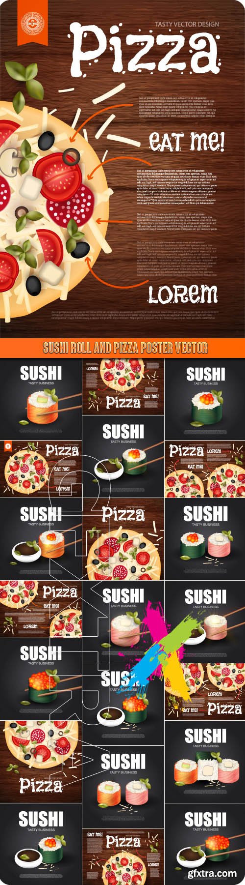 Sushi Roll and pizza poster vector