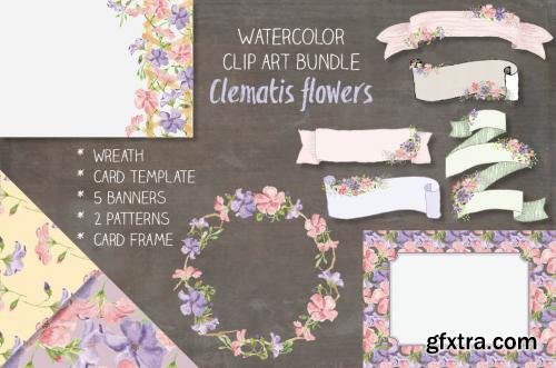 CreativeMarket Watercolor clip art bundle: Clematis 558387