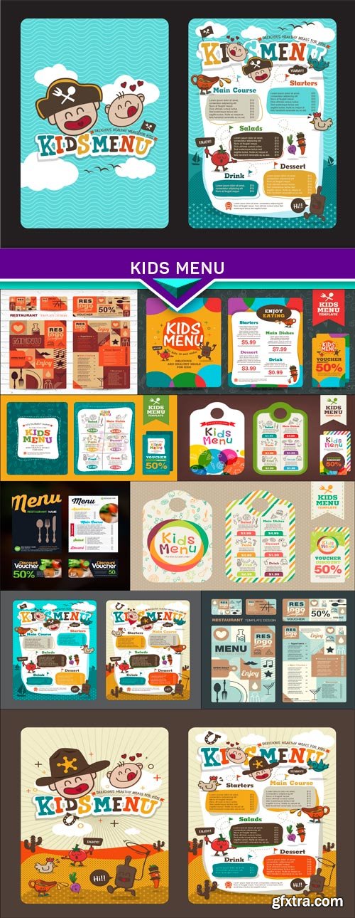 Cute colorful kids meal menu vector template 10x EPS