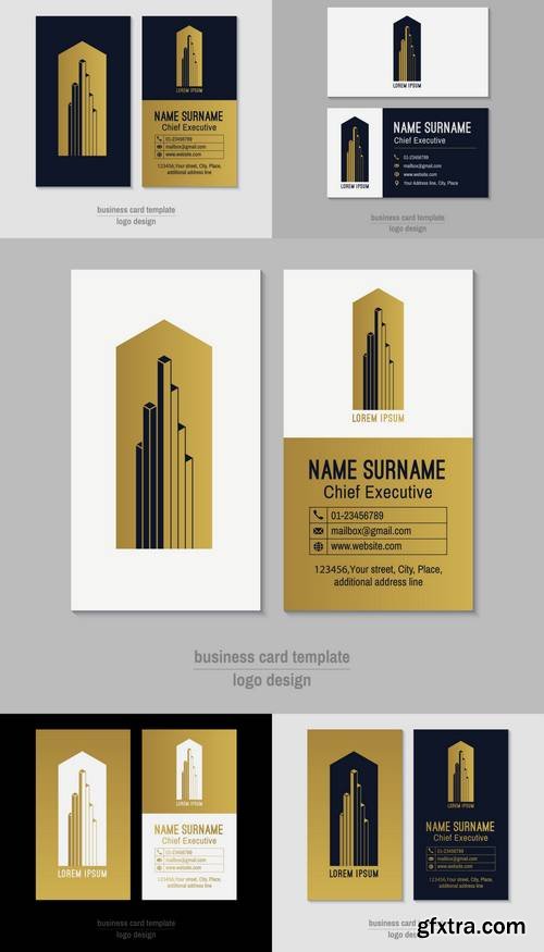 Abstract Vertical Gold and Blue Vector Business Card Template