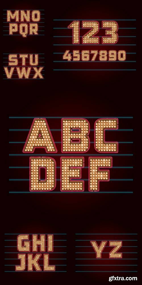 Retro Light Bulb Font. Vector Realistic Lamps Alphabet