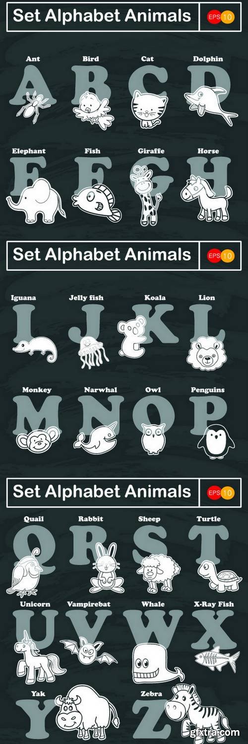 Zoo Alphabet in Vector with Different Animals on Black Board