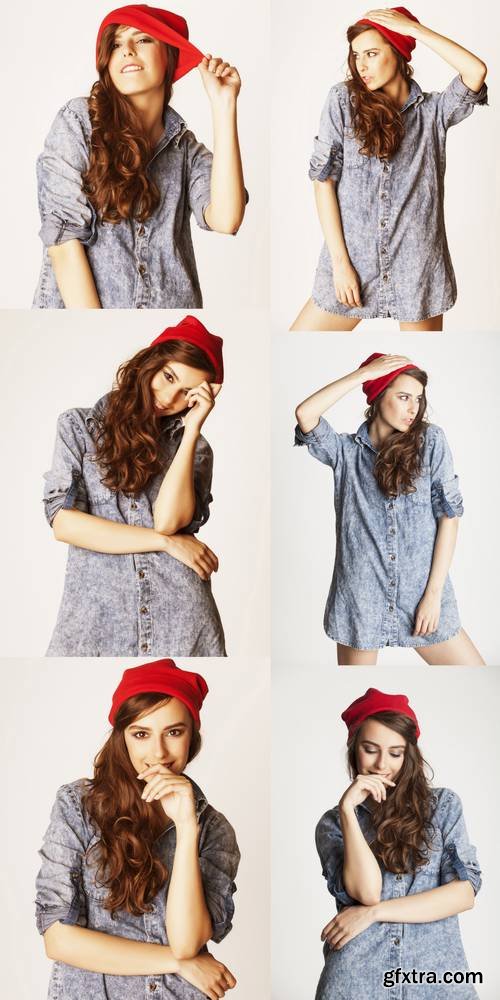 Young Cheerful Brunette Teenage Girl on White Background