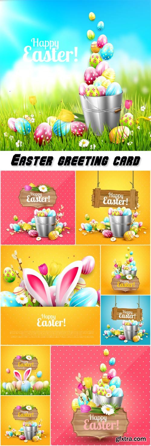 Easter greeting card with flowers and colorful eggs in the bucket