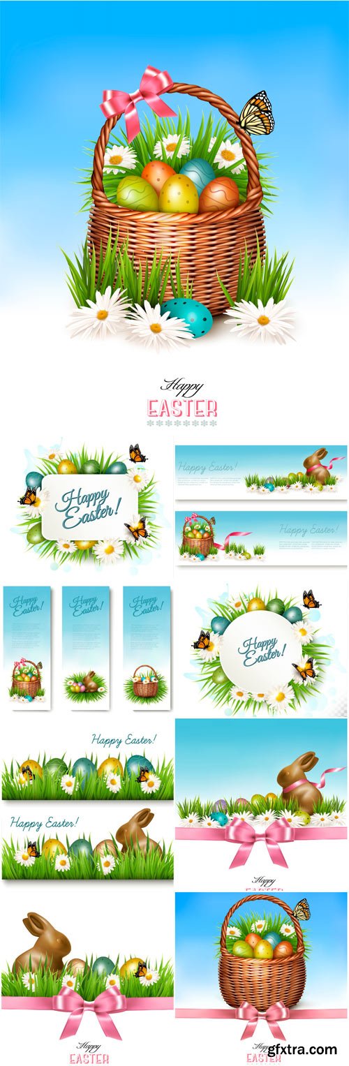 Happy Easter background, colorful Easter eggs and chocolate bunny