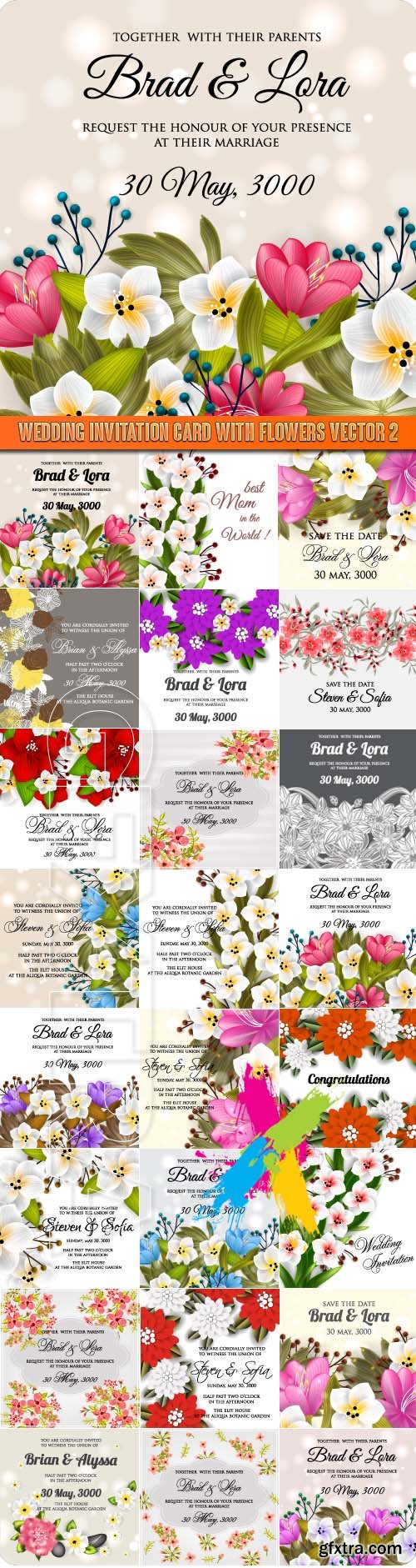 Wedding invitation card with flowers vector 2