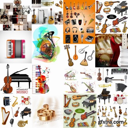 Collection of musical instrument guitar piano violin wind instrument 25 EPS