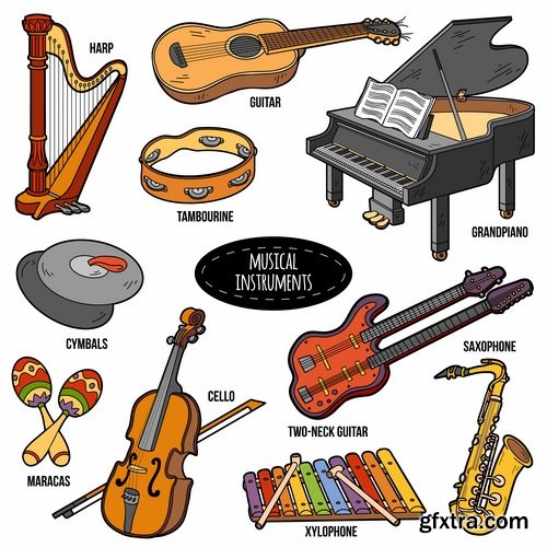 Collection of musical instrument guitar piano violin wind instrument 25 EPS