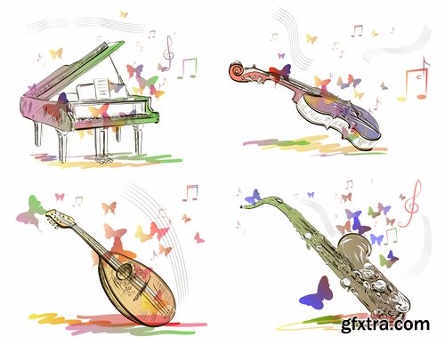 Collection of musical instrument guitar piano violin wind instrument 25 EPS